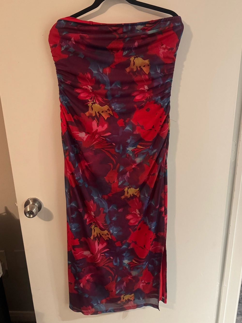 Strapless Floral Midi Dress in Red and Purple